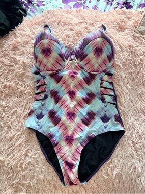 Swimsuits For All Purple & Aqua Tie-Dye One-Piece with Side Straps